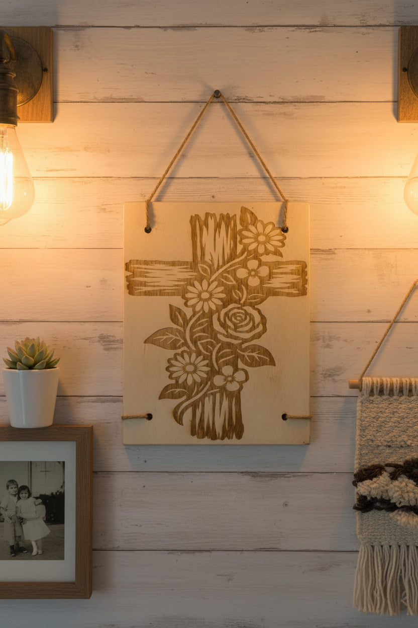 Laser Engraved Wood Plaque – Floral Cross or Grandkids Spoiled Here