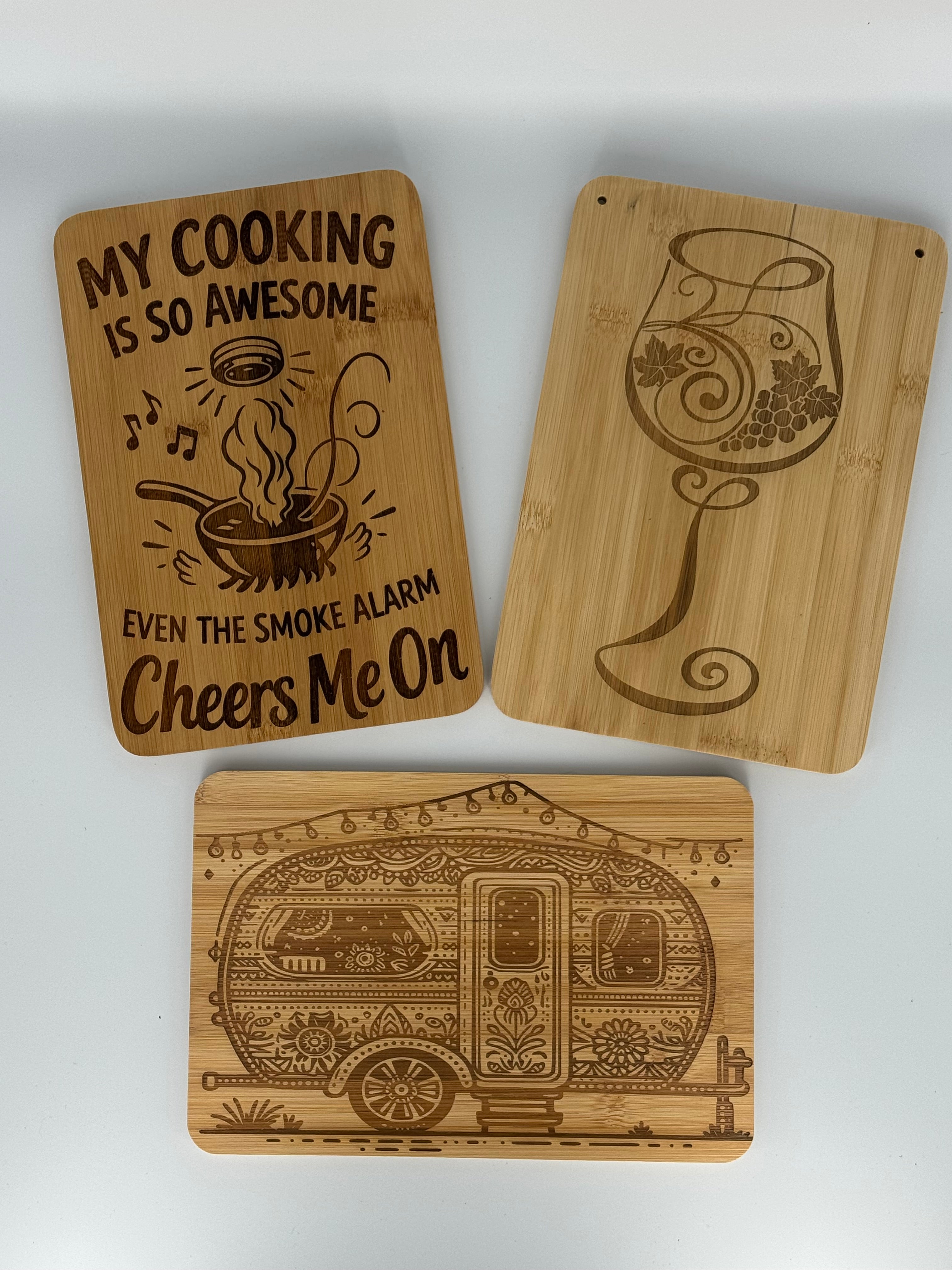 Laser engraved cutting boards with humorous kitchen sayings