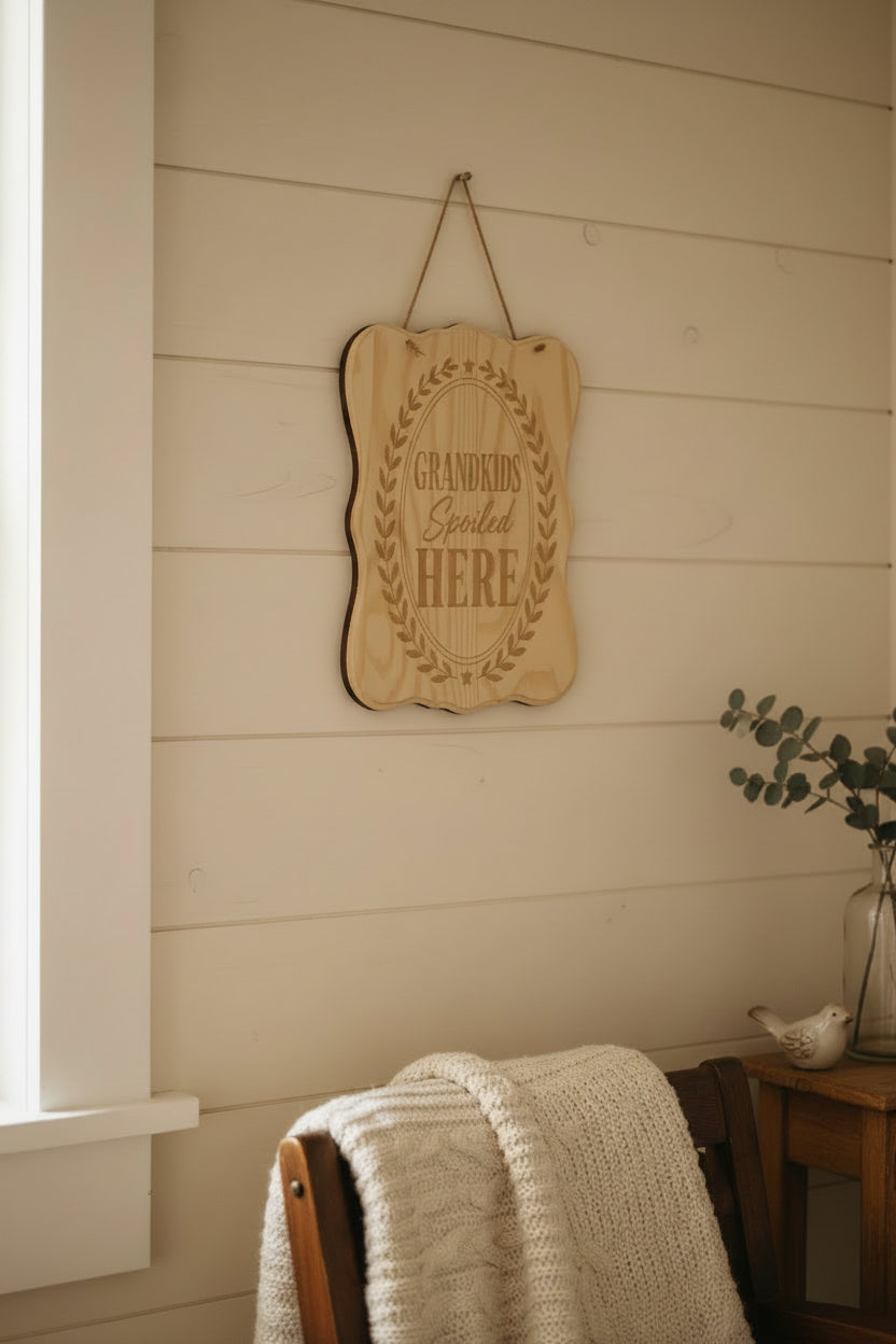 Laser Engraved Wood Plaque – Floral Cross or Grandkids Spoiled Here