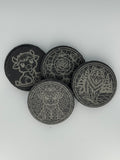 Laser engraved slate coasters with highland cow, wolf, and rose designs